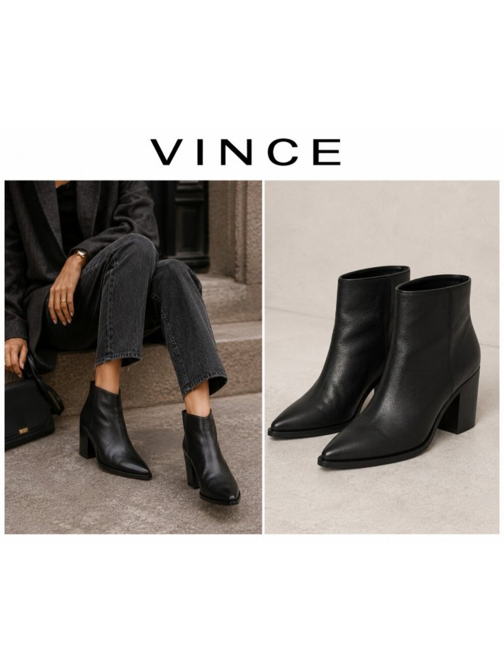VINCE Made in Italy Black Leather Pointed Toe Block Heel Ankle Boots 7.5